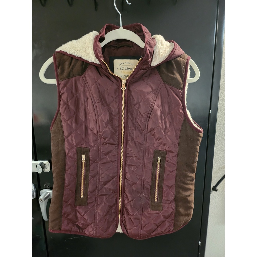 Ci‎ Sono Originals Hooded Vest Women's Sz L Burgundy/Brown , Faux Sherpa Lining